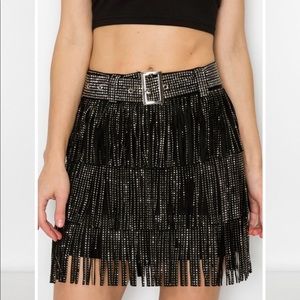 Rhinestone fringe belted skirt